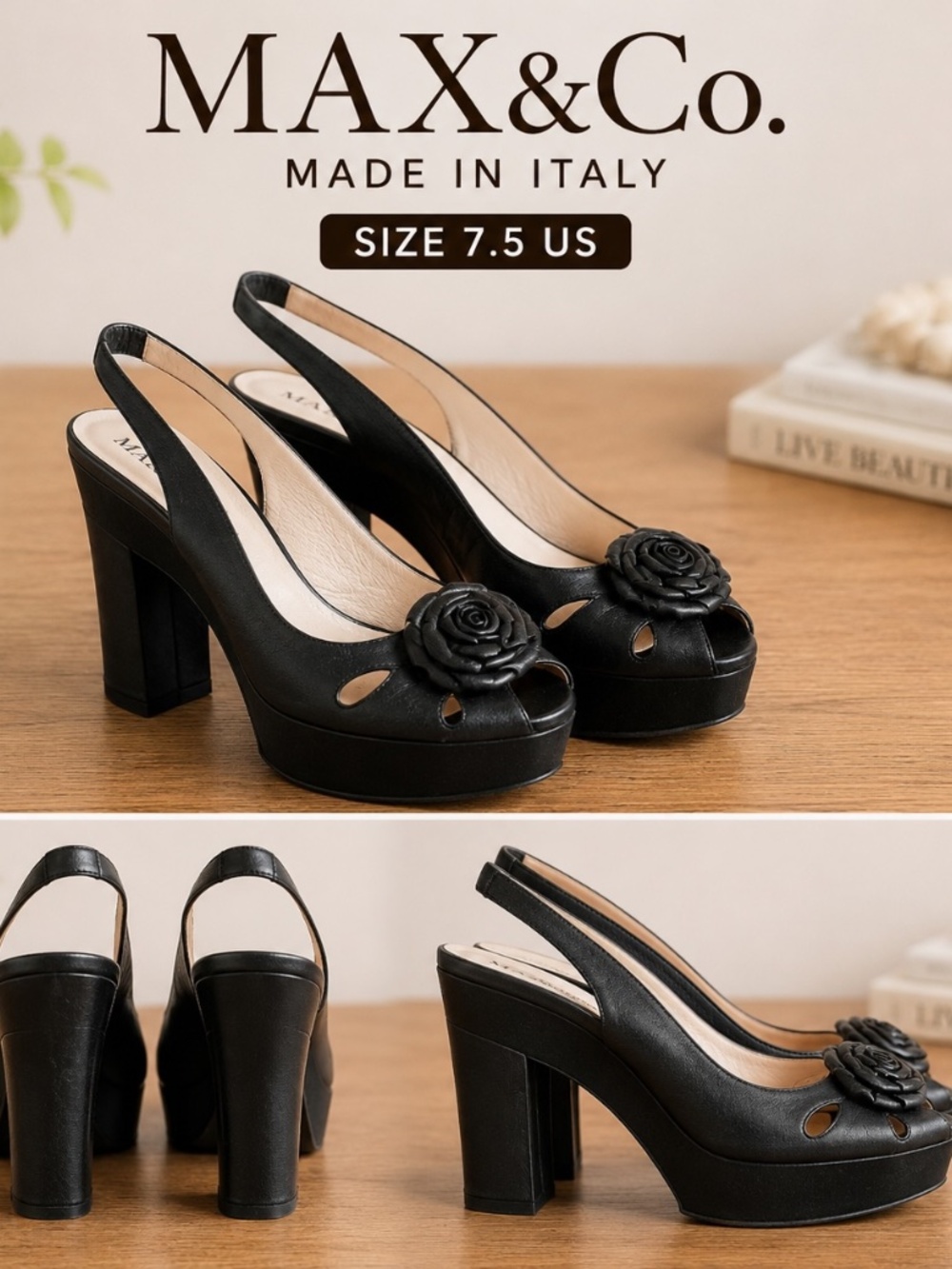 MAX&Co. Made in Italy Black Leather Floral Slingback Heels Size 7.5